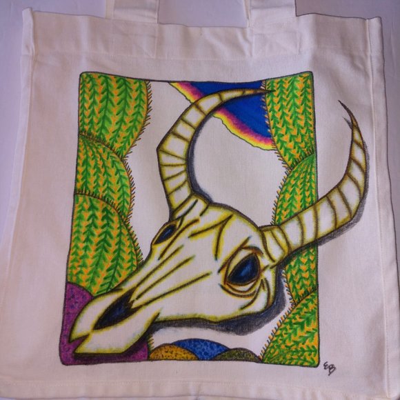 Hand-Painted Cow Skull Tote Bag: Desert Cactus Scene 14x13x7 - Picture 10 of 16